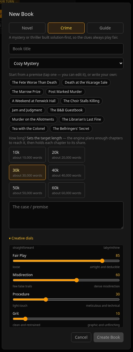 The app's New Book dialog with Crime selected and Cozy Mystery chosen as the sub-genre, a row of cozy premise suggestions, a 30,000-word target, and the Creative dials panel showing Fair Play at 85 out of 100 (loose to airtight and deducible), Misdirection 60, Procedure 30, and Grit at 10 out of 100 (clean and restrained to graphic and unflinching).