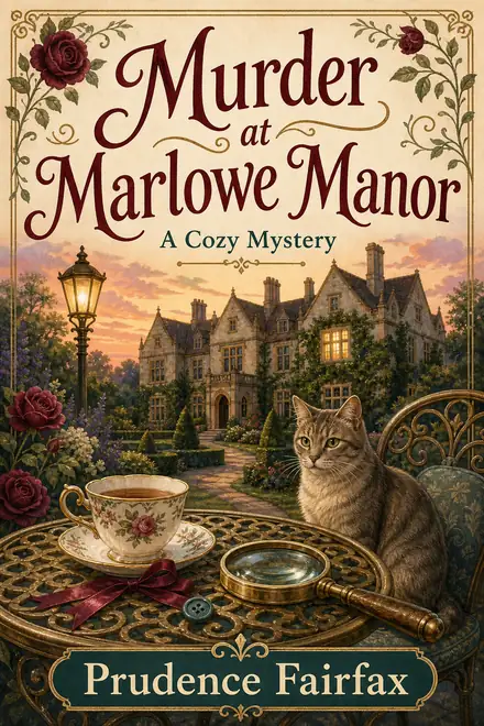 Cozy mystery cover — “Murder at Marlowe Manor” by Prudence Fairfax, A Cozy Mystery (AI-generated example)