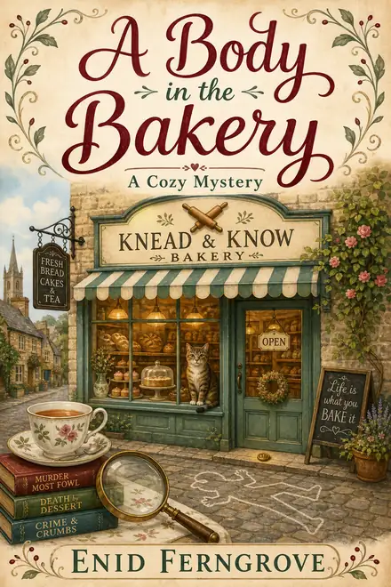 Cozy mystery cover — “A Body in the Bakery” by Enid Ferngrove, A Cozy Mystery (AI-generated example)