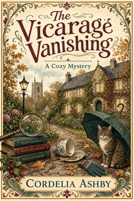 Cozy mystery cover — “The Vicarage Vanishing” by Cordelia Ashby, A Cozy Mystery (AI-generated example)