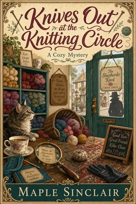 Cozy mystery cover — “Knives Out at the Knitting Circle” by Maple Sinclair, A Cozy Mystery (AI-generated example)