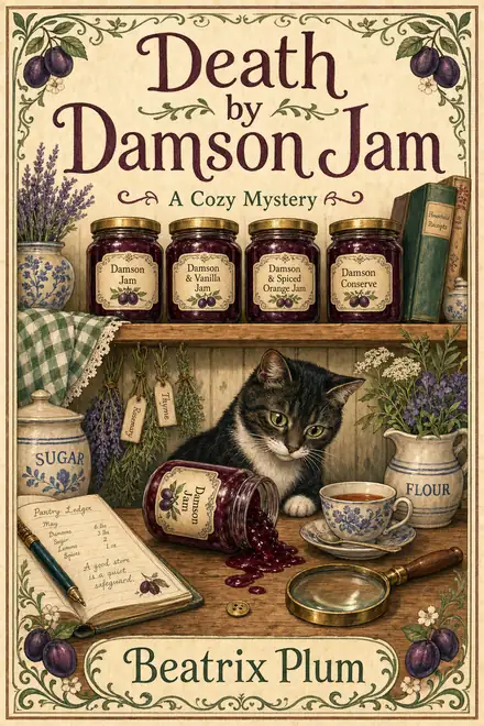 Cozy mystery cover — “Death by Damson Jam” by Beatrix Plum, A Cozy Mystery (AI-generated example)
