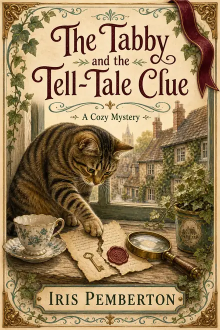 Cozy mystery cover — “The Tabby and the Tell-Tale Clue” by Iris Pemberton, A Cozy Mystery (AI-generated example)