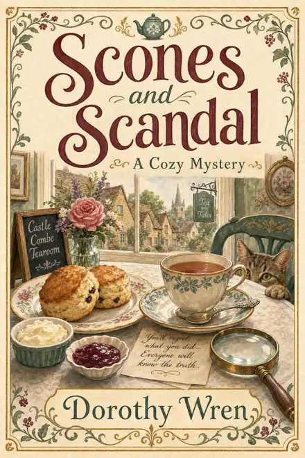 Cozy mystery cover — “Scones & Scandal” by Dorothy Wren, A Cozy Mystery (AI-generated example)