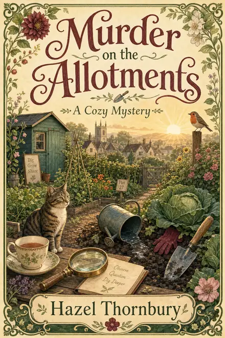 Cozy mystery cover — “Murder on the Allotments” by Hazel Thornbury, A Cozy Mystery (AI-generated example)