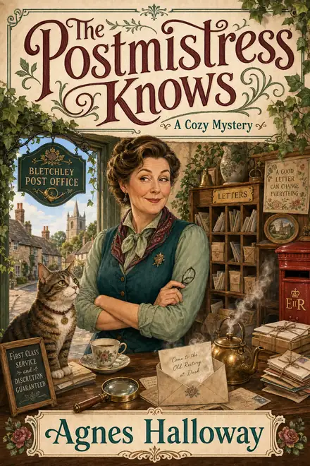 Cozy mystery cover — “The Postmistress Knows” by Agnes Halloway, A Cozy Mystery (AI-generated example)
