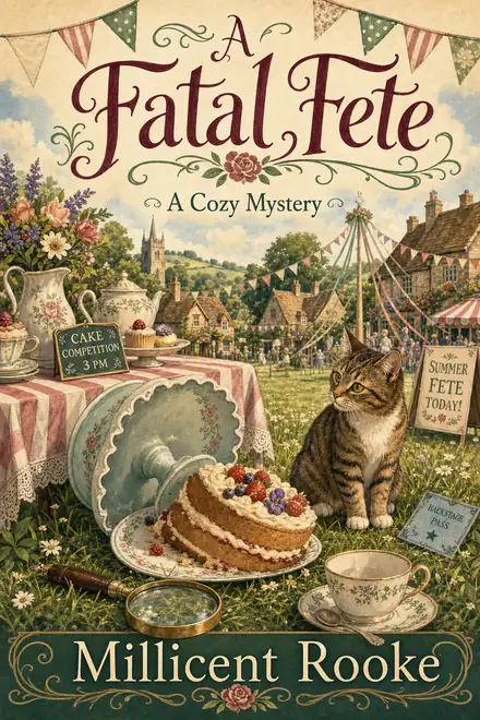 Cozy mystery cover — “A Fatal Fête” by Millicent Rooke, A Cozy Mystery (AI-generated example)
