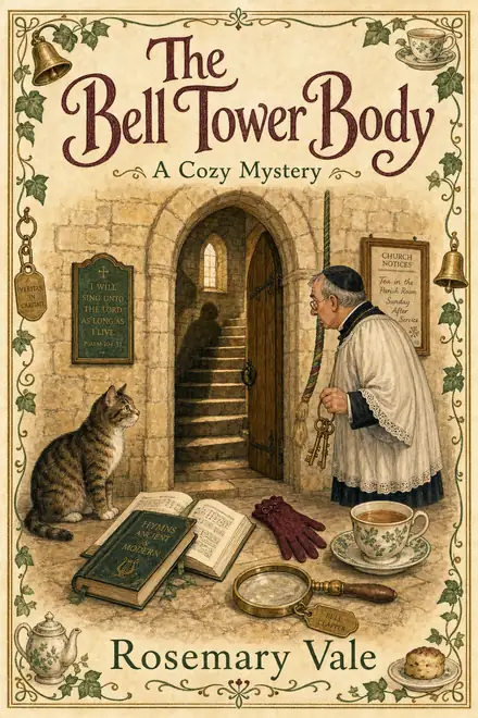 Cozy mystery cover — “The Bell Tower Body” by Rosemary Vale, A Cozy Mystery (AI-generated example)
