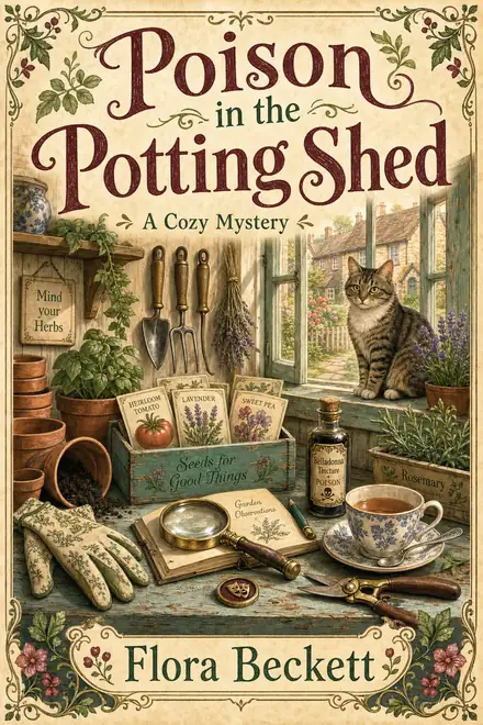 Cozy mystery cover — “Poison in the Potting Shed” by Flora Beckett, A Cozy Mystery (AI-generated example)