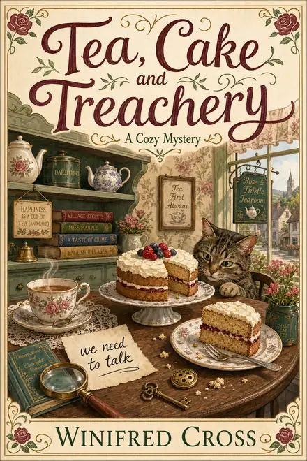 Cozy mystery cover — “Tea, Cake & Treachery” by Winifred Cross, A Cozy Mystery (AI-generated example)