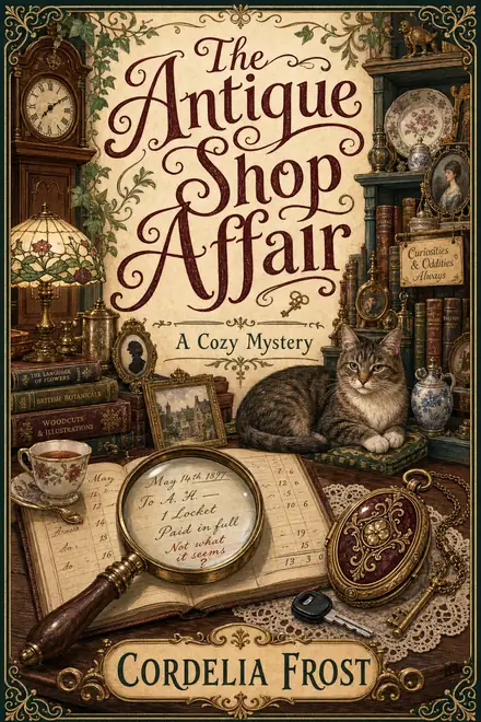 Cozy mystery cover — “The Antique Shop Affair” by Cordelia Frost, A Cozy Mystery (AI-generated example)
