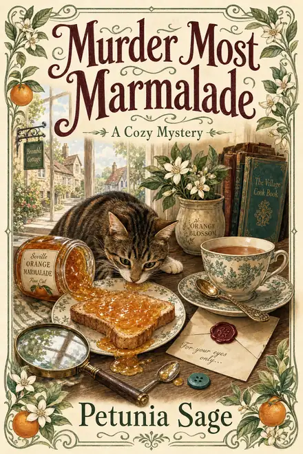 Cozy mystery cover — “Murder Most Marmalade” by Petunia Sage, A Cozy Mystery (AI-generated example)