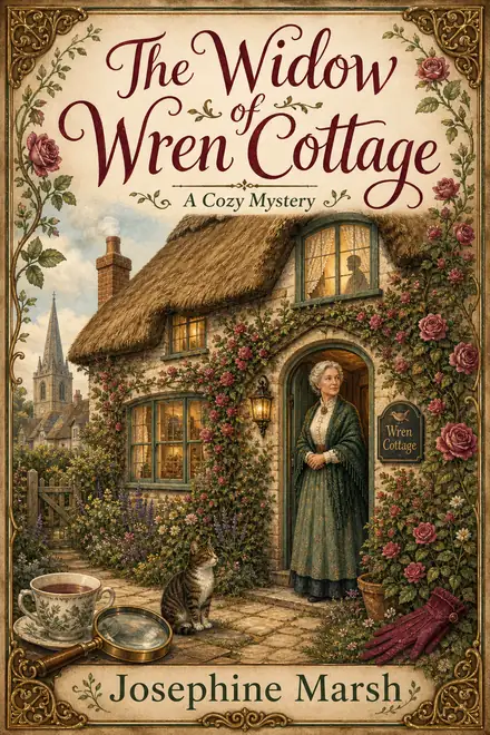 Cozy mystery cover — “The Widow of Wren Cottage” by Josephine Marsh, A Cozy Mystery (AI-generated example)