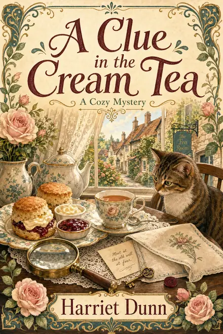 Cozy mystery cover — “A Clue in the Cream Tea” by Harriet Dunn, A Cozy Mystery (AI-generated example)