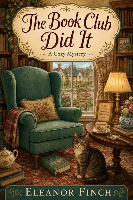 Cozy mystery cover — “The Book Club Did It” by Eleanor Finch, A Cozy Mystery (AI-generated example)