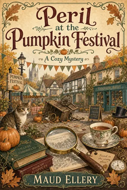 Cozy mystery cover — “Peril at the Pumpkin Festival” by Maud Ellery, A Cozy Mystery (AI-generated example)