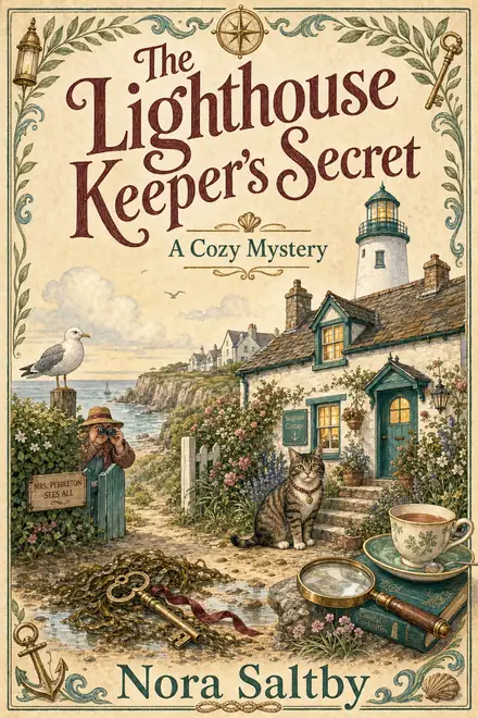 Cozy mystery cover — “The Lighthouse Keeper's Secret” by Nora Saltby, A Cozy Mystery (AI-generated example)