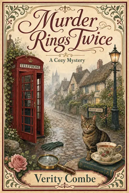 Cozy mystery cover — “Murder Rings Twice” by Verity Combe, A Cozy Mystery (AI-generated example)