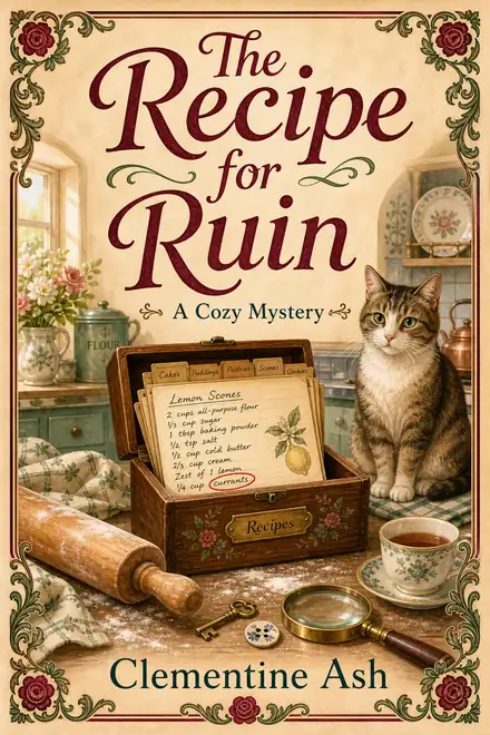 Cozy mystery cover — “The Recipe for Ruin” by Clementine Ash, A Cozy Mystery (AI-generated example)
