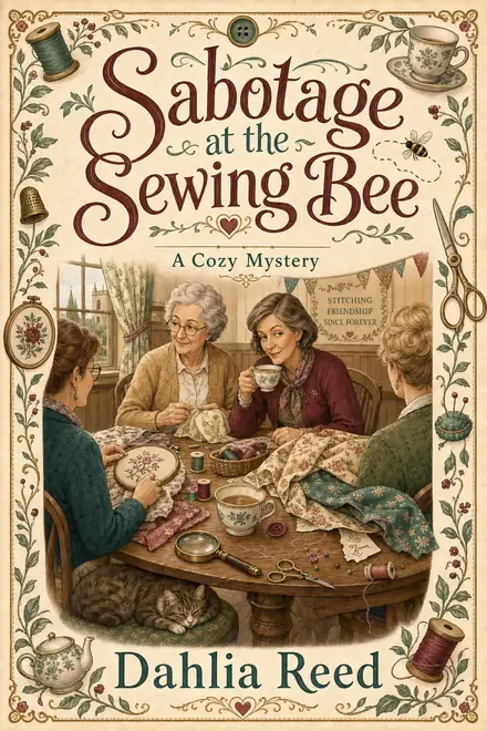 Cozy mystery cover — “Sabotage at the Sewing Bee” by Dahlia Reed, A Cozy Mystery (AI-generated example)