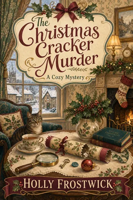 Cozy mystery cover — “The Christmas Cracker Murder” by Holly Frostwick, A Cozy Mystery (AI-generated example)