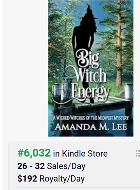 BookBeam sales estimate for “Big Witch Energy” (Wicked Witches of the Midwest, Book 28 — Amanda M. Lee): #6,032 in the Kindle Store, $192 royalty per day.