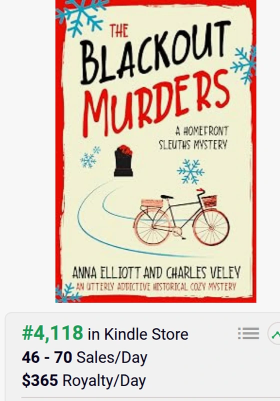 BookBeam sales estimate for “The Blackout Murders” (The Homefront Sleuths Cozy Mystery Series, Book 1 — Anna Elliott & Charles Veley): #4,118 in the Kindle Store, $365 royalty per day.