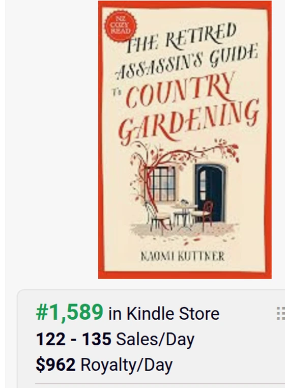 BookBeam sales estimate for “The Retired Assassin's Guide to Country Gardening” (A New Zealand Paranormal Cozy Mystery — Naomi Kuttner): #1,589 in the Kindle Store, $962 royalty per day.