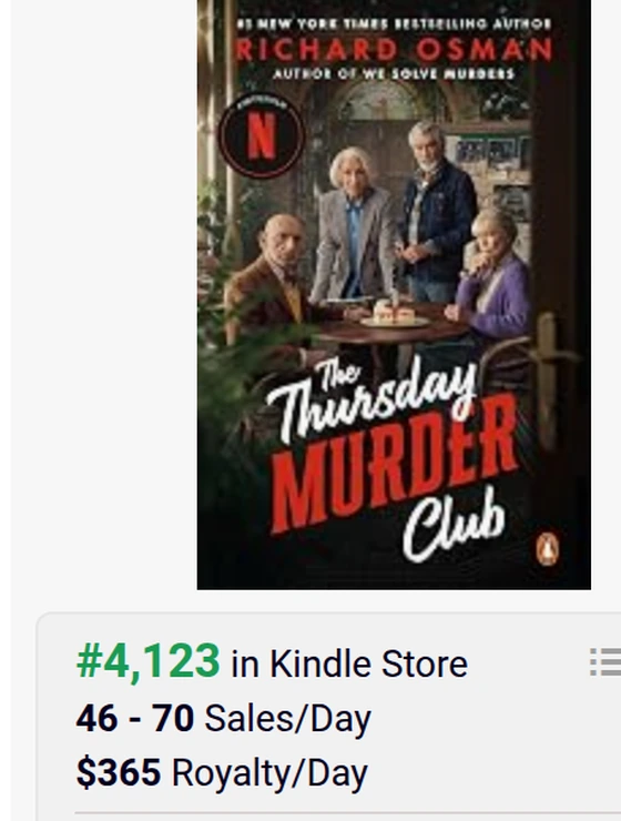 BookBeam sales estimate for “The Thursday Murder Club” (Thursday Murder Club Mysteries, Book 1 — Richard Osman): #4,123 in the Kindle Store, $365 royalty per day.