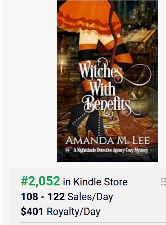 BookBeam sales estimate for “Witches With Benefits” (A Nightshade Detective Agency Cozy Mystery, Book 1 — Amanda M. Lee): #2,052 in the Kindle Store, $401 royalty per day.