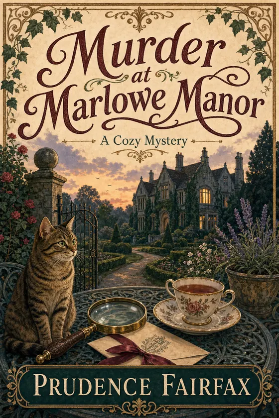 An illustrated cozy-mystery book cover — a lamplit English village at dusk, a magnifying glass and teacup on a garden table, one lit manor window.