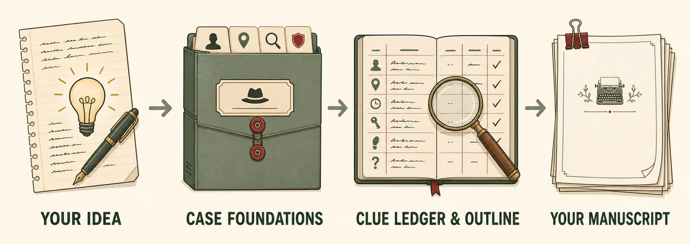 Four steps, left to right: a notebook and fountain pen — Your Idea; a green case file with tabbed dividers — Case Foundations; an open ledger with a magnifying glass over its rows — Clue Ledger & Outline; a clipped stack of typed pages — Your Manuscript.